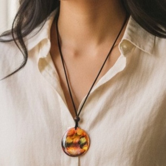 Artist Unknown Jewelry - Reversible Mother of Pearl Pendant Necklace Adjustable Cord Hand-Painted Boho